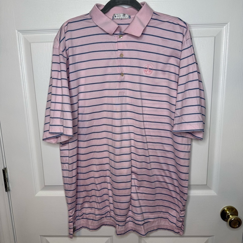 Peter Millar Men's Pink Polo Shirt with Blue Stripes Size Large GUC 100% Cotton